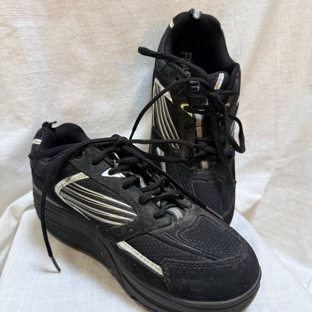 Fila Sport Walk-N-Sculpt 8 Black Silver Rocker Bottom Toning Sneakers 113190